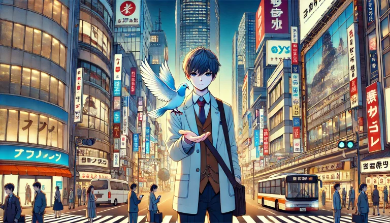 DALL·E 2024-08-12 14.32.31 - A wide, Japanese anime-style illustration that strongly represents the concept of 'The Bird-in-Hand Principle' in a modern, urban Japanese setting