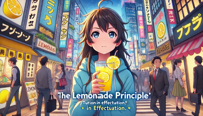 DALL·E 2024-08-13 06.24.05 - A wide, Japanese anime-style illustration for a blog thumbnail on the topic of the 'Lemonade Principle' in effectuation